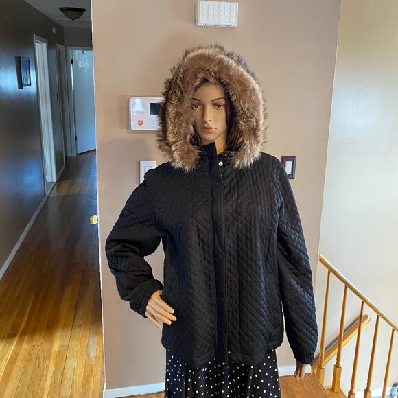 Burberry Quilted Fleece Lined Black Jacket W/Removeable Fur Hood XL